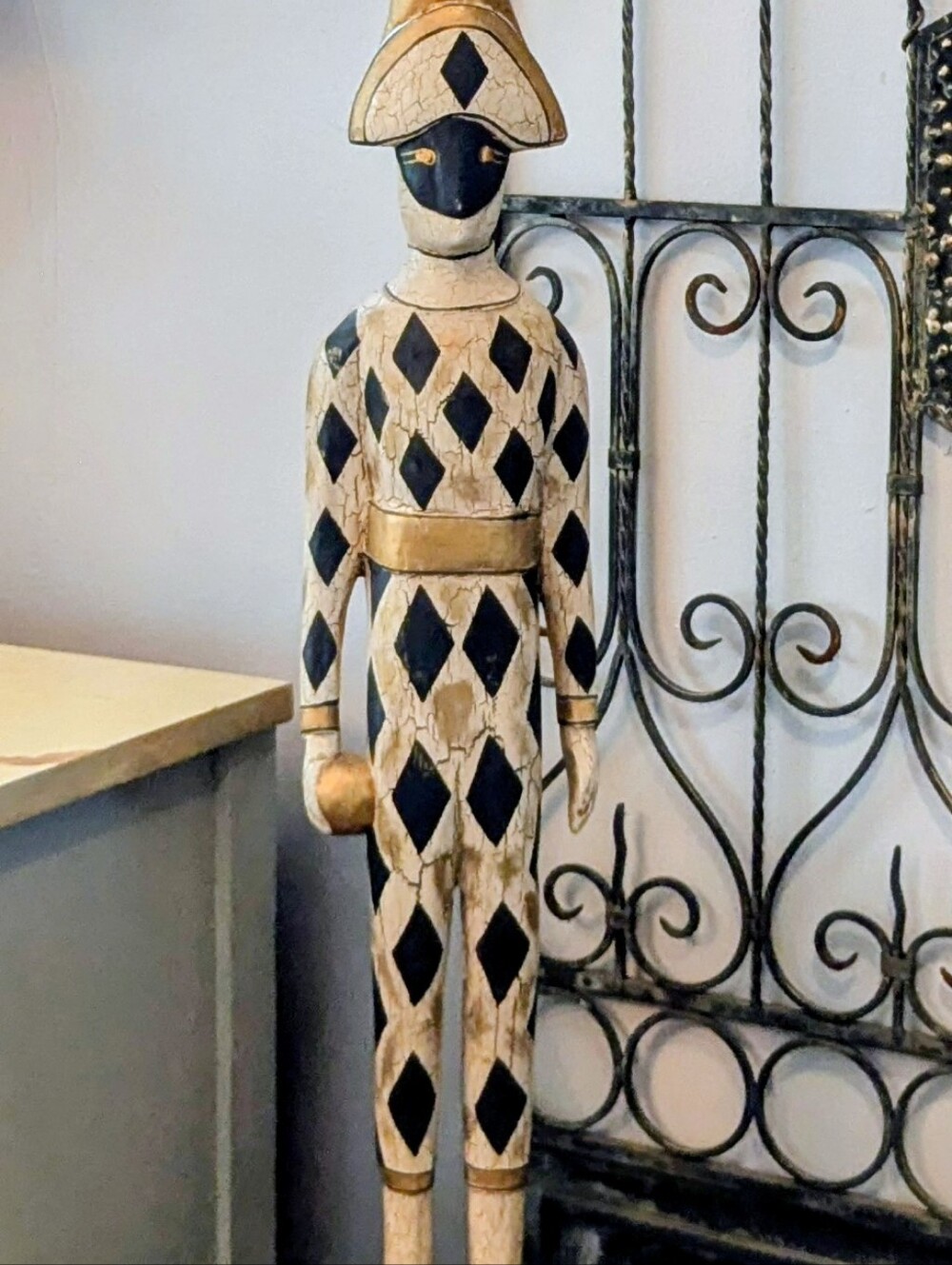 Handcrafted Harlequin Floor Statue in Black and Cream